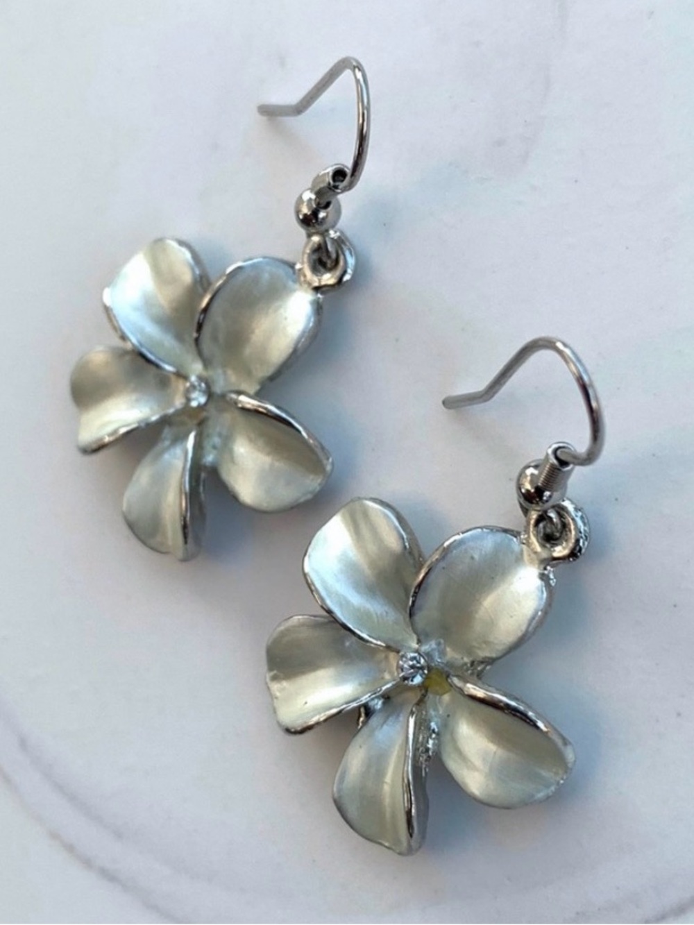 Hawaiian Plumeria Floral Silver-Tone and Crystal Dangling Earrings - Picture 2 of 4